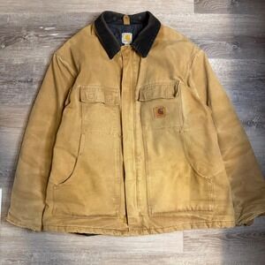 Carhartt Workwear Jacket Tan Quilted Lined Corduroy Collar Men's Size XL